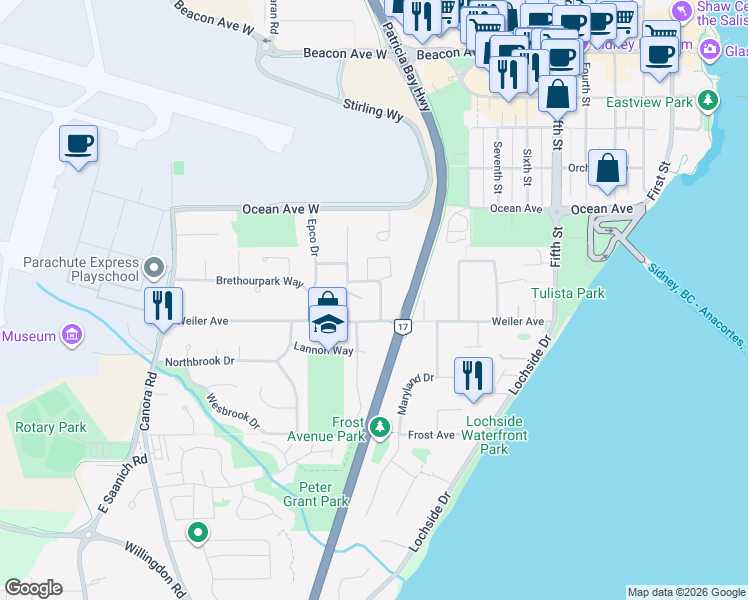 map of restaurants, bars, coffee shops, grocery stores, and more near 9548 Sharples Road in Sidney