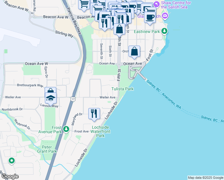 map of restaurants, bars, coffee shops, grocery stores, and more near 2351 Schooner Close in Sidney