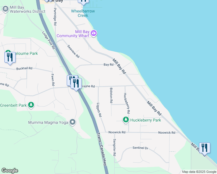 map of restaurants, bars, coffee shops, grocery stores, and more near 660 Frayne Road in Mill Bay