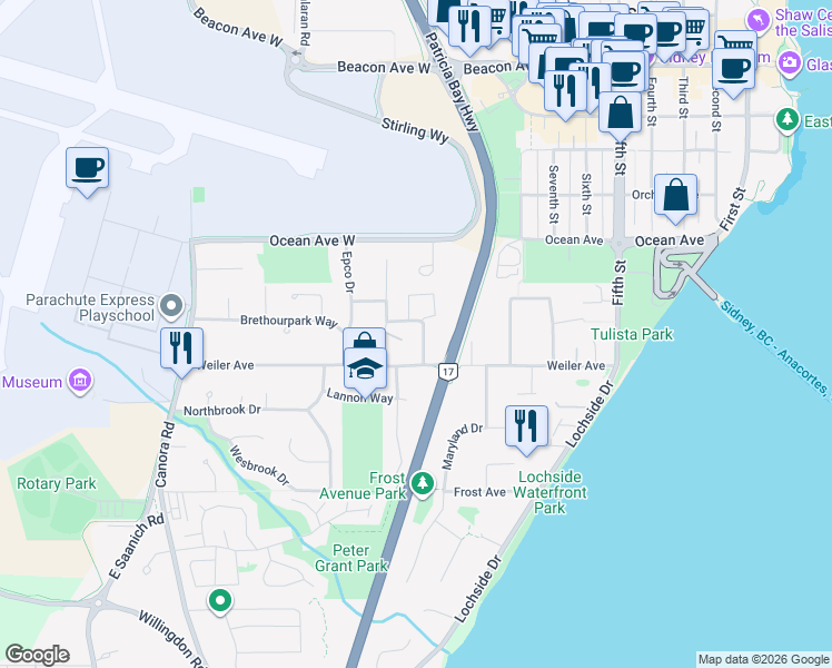 map of restaurants, bars, coffee shops, grocery stores, and more near 9548 Sharples Road in Sidney