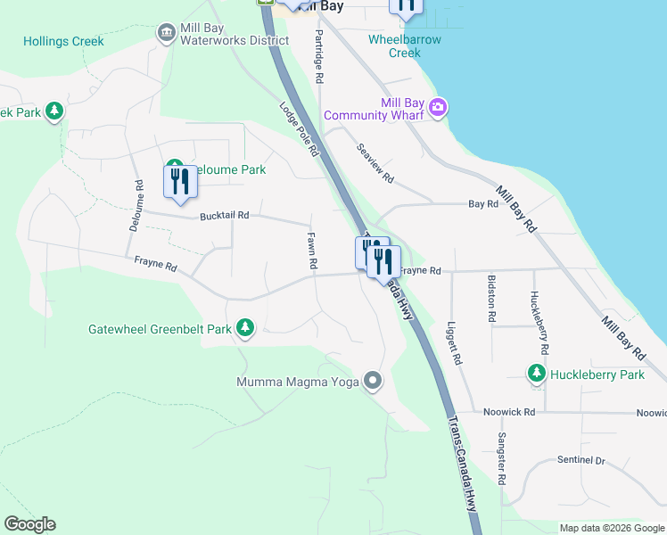 map of restaurants, bars, coffee shops, grocery stores, and more near 771 Frayne Road in Mill Bay