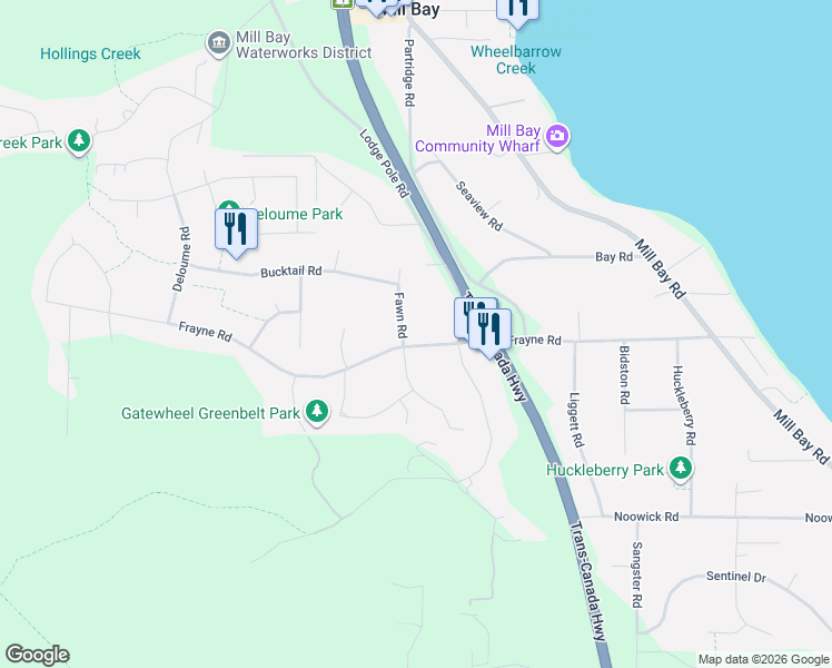 map of restaurants, bars, coffee shops, grocery stores, and more near 771 Frayne Road in Mill Bay