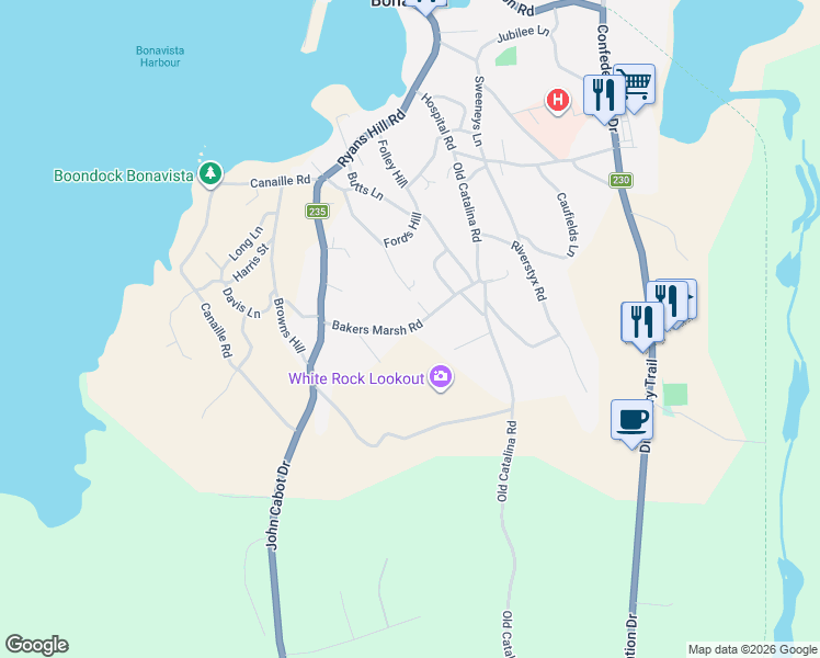 map of restaurants, bars, coffee shops, grocery stores, and more near Bakers Marsh Road in Bonavista