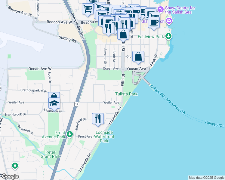 map of restaurants, bars, coffee shops, grocery stores, and more near 2351 Schooner Close in Sidney