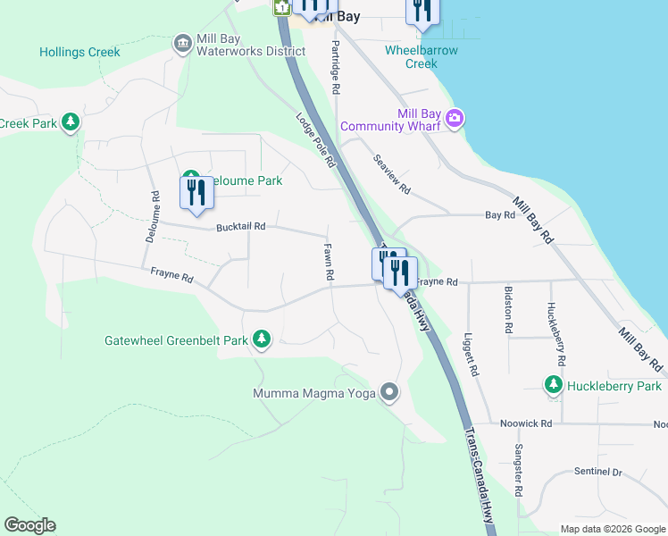 map of restaurants, bars, coffee shops, grocery stores, and more near 771 Frayne Road in Mill Bay