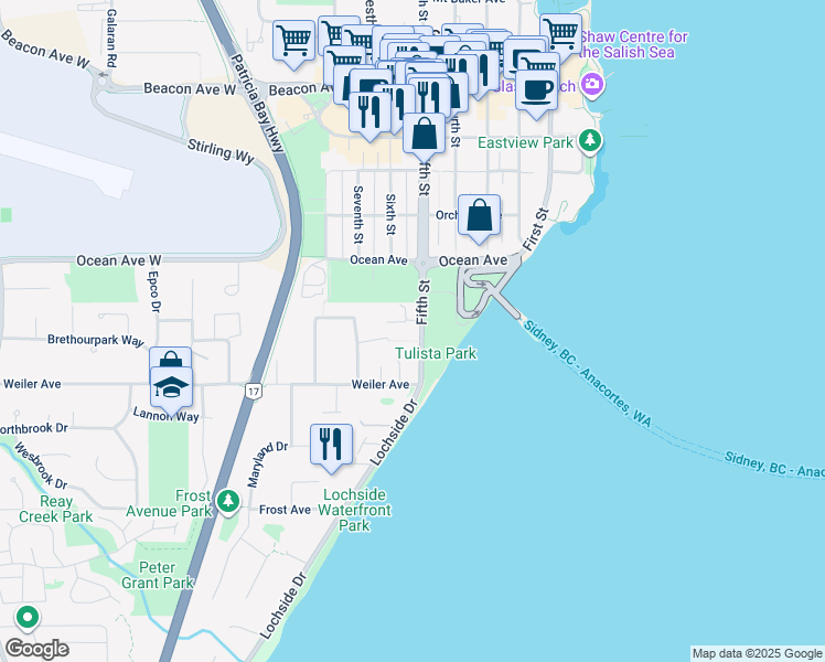map of restaurants, bars, coffee shops, grocery stores, and more near 9570 Fifth Street in Sidney