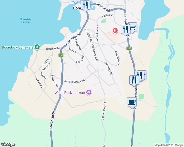 map of restaurants, bars, coffee shops, grocery stores, and more near Bakers Marsh Road in Bonavista