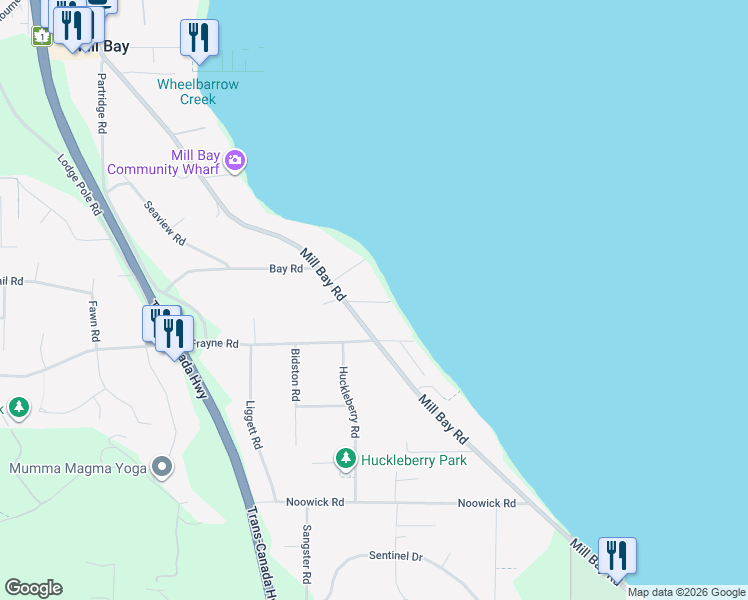 map of restaurants, bars, coffee shops, grocery stores, and more near 2521 Shorewood Road in Mill Bay