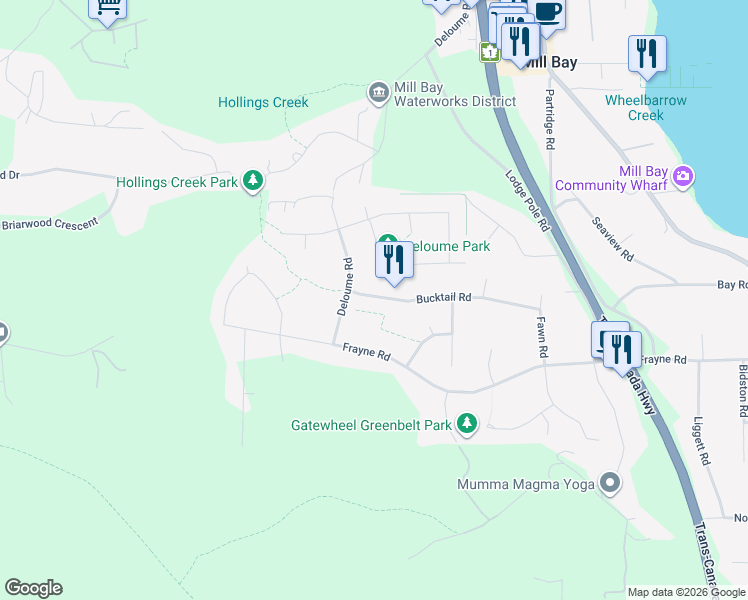 map of restaurants, bars, coffee shops, grocery stores, and more near 886 Bucktail Road in Mill Bay