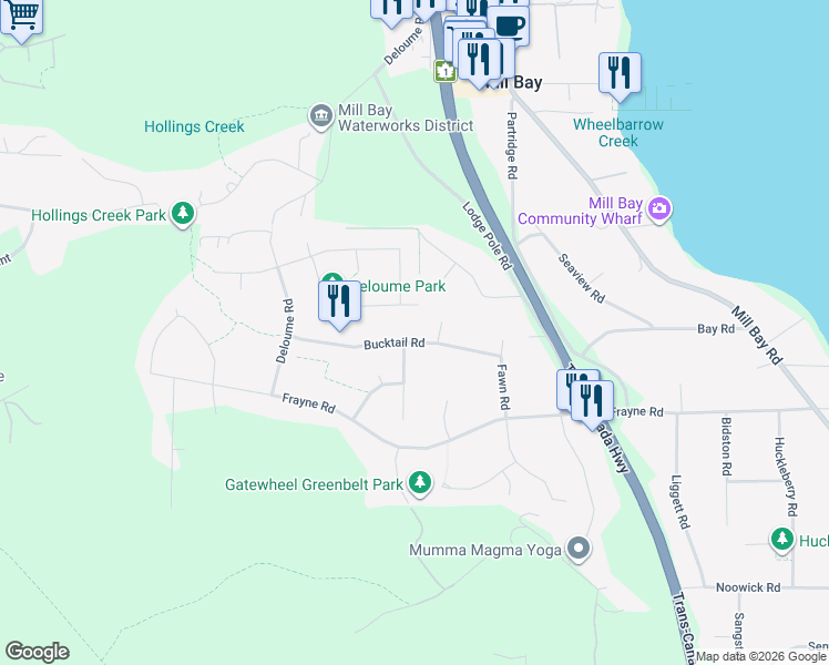 map of restaurants, bars, coffee shops, grocery stores, and more near 2519 Glendoik Way in Mill Bay