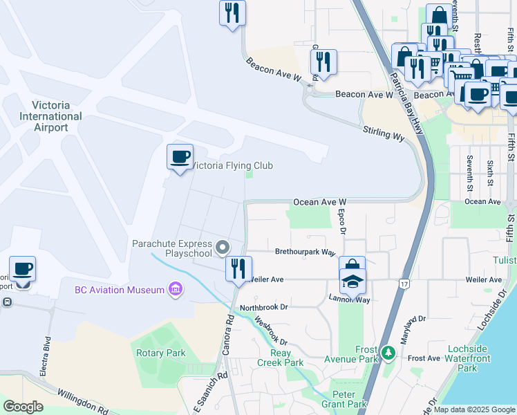 map of restaurants, bars, coffee shops, grocery stores, and more near 2023 Ocean Avenue West in Sidney