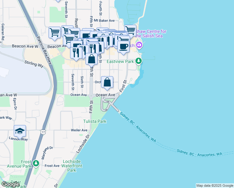 map of restaurants, bars, coffee shops, grocery stores, and more near 2424 Ocean Avenue in Sidney