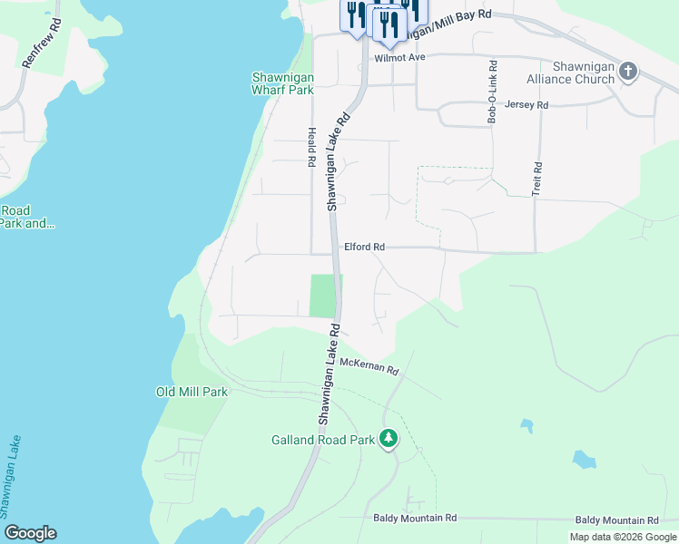 map of restaurants, bars, coffee shops, grocery stores, and more near 2583 Shawnigan Lake Road in Shawnigan Lake
