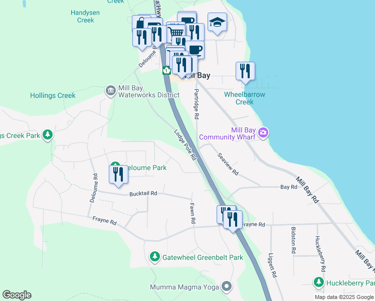 map of restaurants, bars, coffee shops, grocery stores, and more near 2584 Lodge Pole Road in Mill Bay