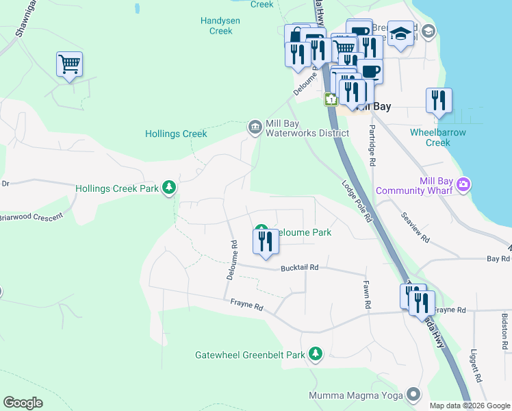 map of restaurants, bars, coffee shops, grocery stores, and more near 885 Pratt Road in Mill Bay