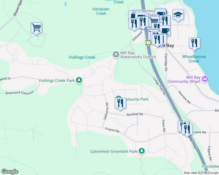 map of restaurants, bars, coffee shops, grocery stores, and more near 901 Pratt Road in Mill Bay
