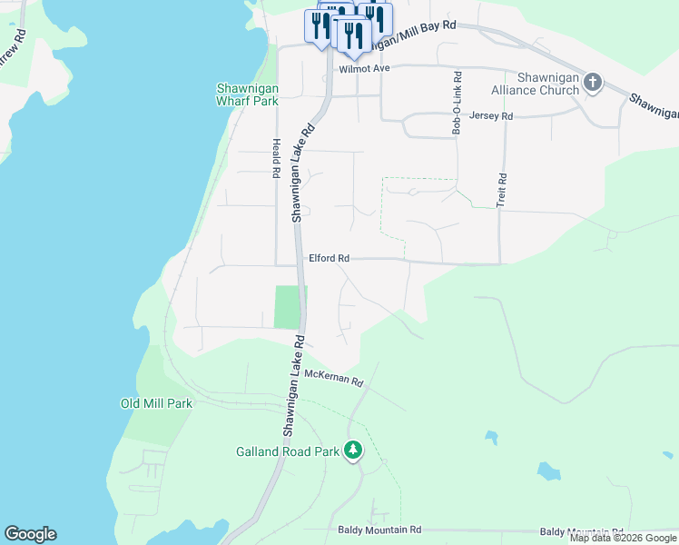 map of restaurants, bars, coffee shops, grocery stores, and more near 2584 Furlonge Road in Shawnigan Lake