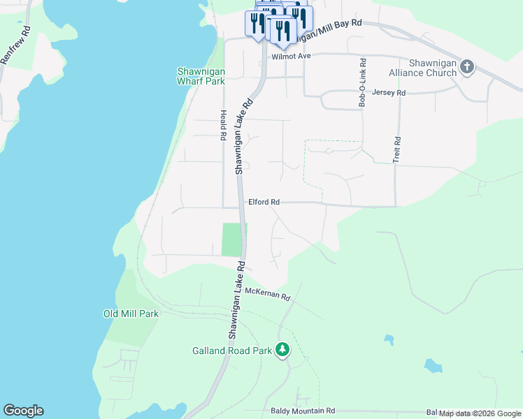 map of restaurants, bars, coffee shops, grocery stores, and more near 2583 Shawnigan Lake Road in Shawnigan Lake