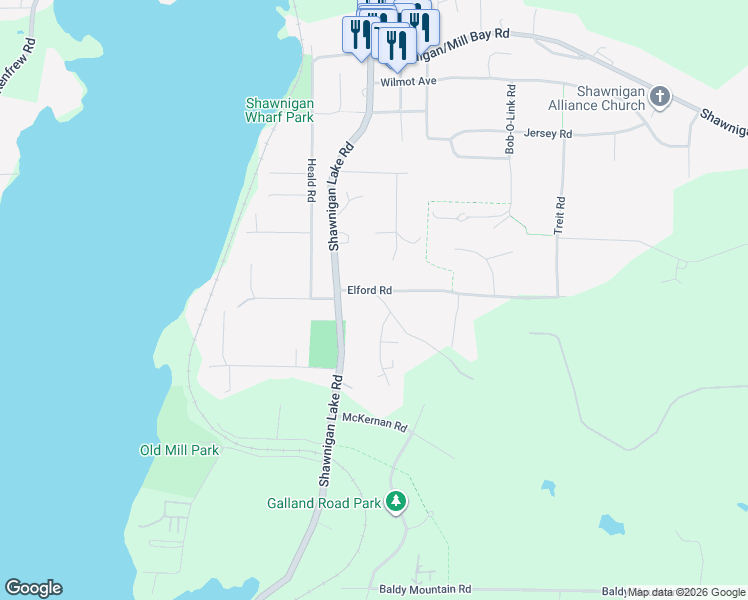 map of restaurants, bars, coffee shops, grocery stores, and more near 2584 Furlonge Road in Shawnigan Lake