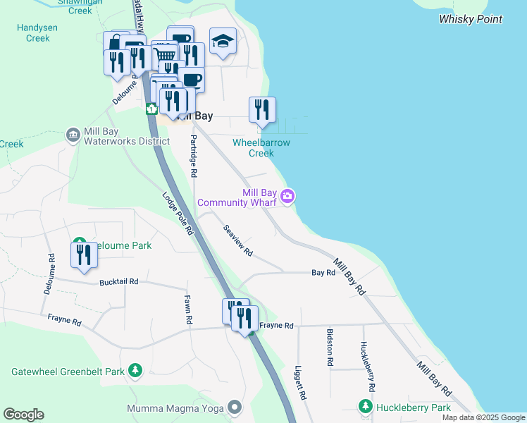map of restaurants, bars, coffee shops, grocery stores, and more near 2592 Mill Bay Road in Mill Bay