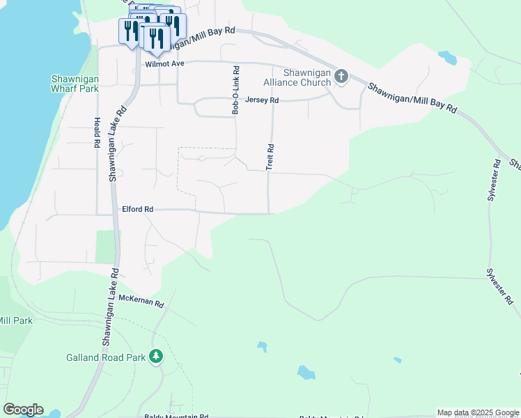 map of restaurants, bars, coffee shops, grocery stores, and more near 1665 Elford Road in Shawnigan Lake