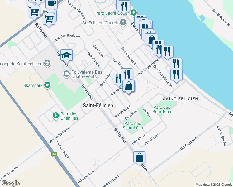 map of restaurants, bars, coffee shops, grocery stores, and more near 1281 Rue Notre-Dame in Saint-Félicien