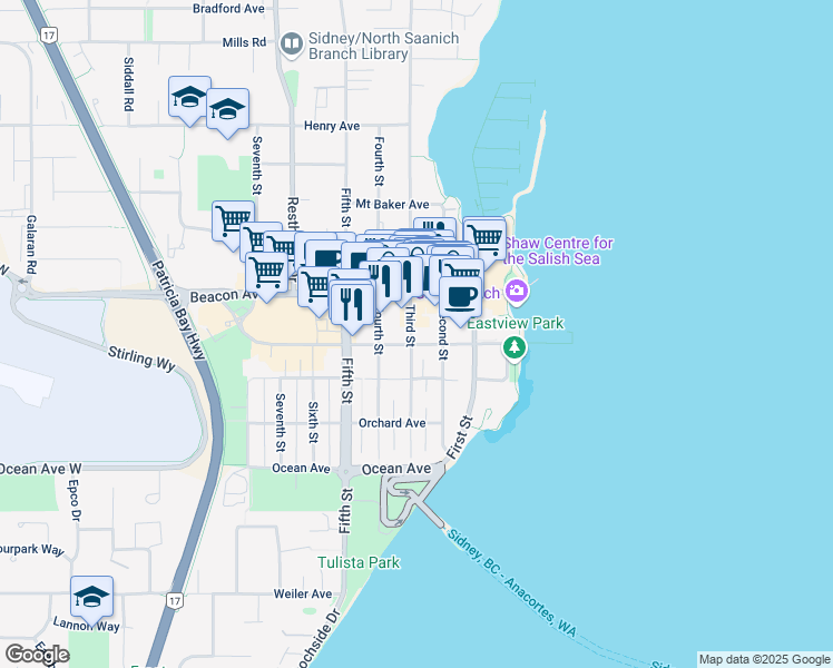 map of restaurants, bars, coffee shops, grocery stores, and more near 9751 Third Street in Sidney
