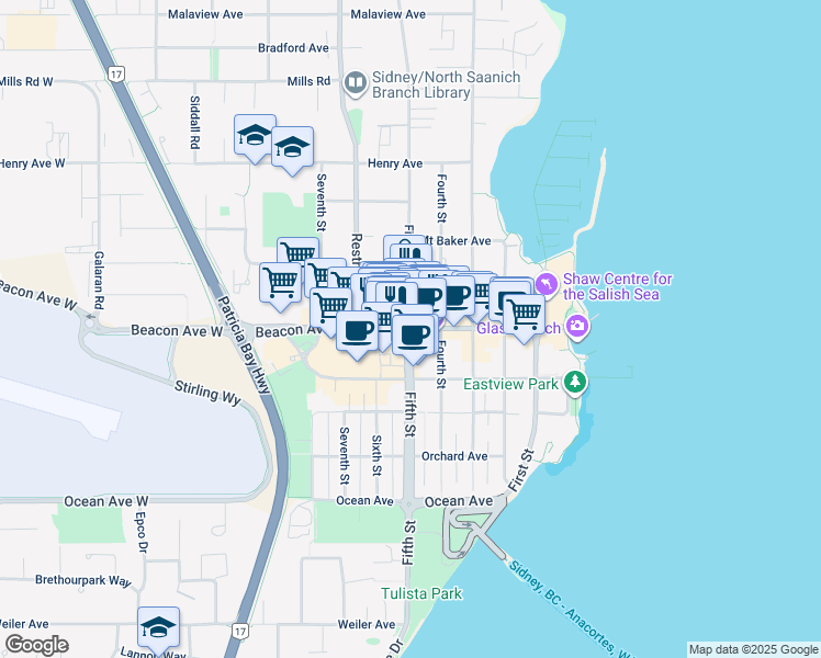 map of restaurants, bars, coffee shops, grocery stores, and more near Beacon Avenue in Sidney