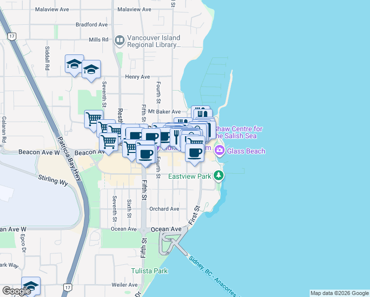map of restaurants, bars, coffee shops, grocery stores, and more near 2500 Beacon Avenue in Sidney