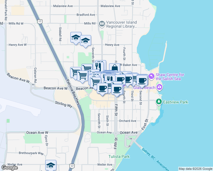 map of restaurants, bars, coffee shops, grocery stores, and more near 9817 Resthaven Drive in Sidney