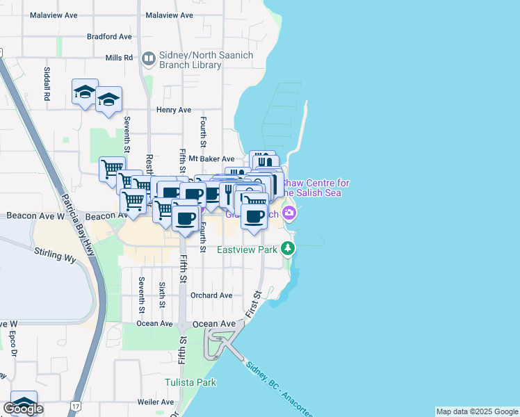 map of restaurants, bars, coffee shops, grocery stores, and more near 2506 Beacon Avenue in Sidney