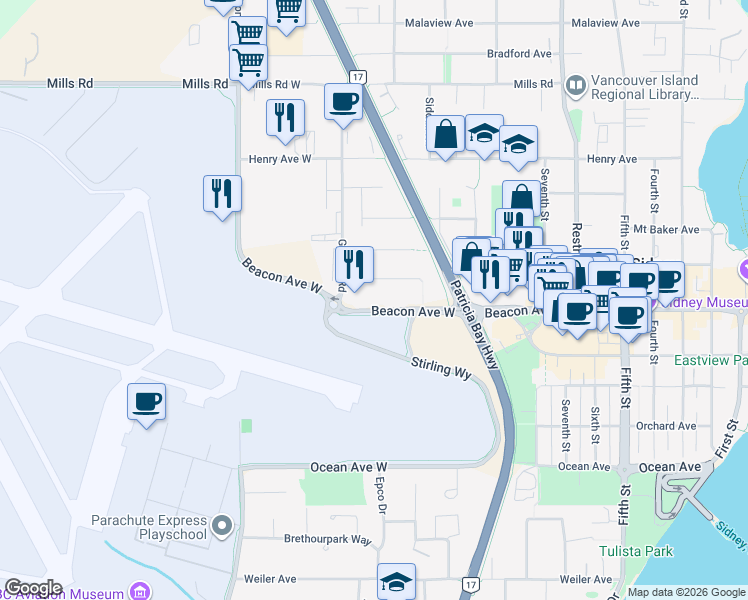 map of restaurants, bars, coffee shops, grocery stores, and more near 2114 Beacon Avenue West in Sidney