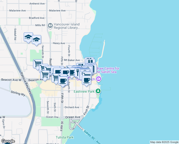 map of restaurants, bars, coffee shops, grocery stores, and more near 2506 Beacon Avenue in Sidney