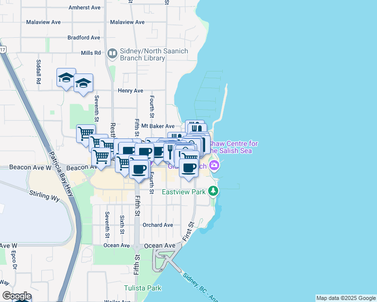 map of restaurants, bars, coffee shops, grocery stores, and more near 9843 Second Street in Sidney