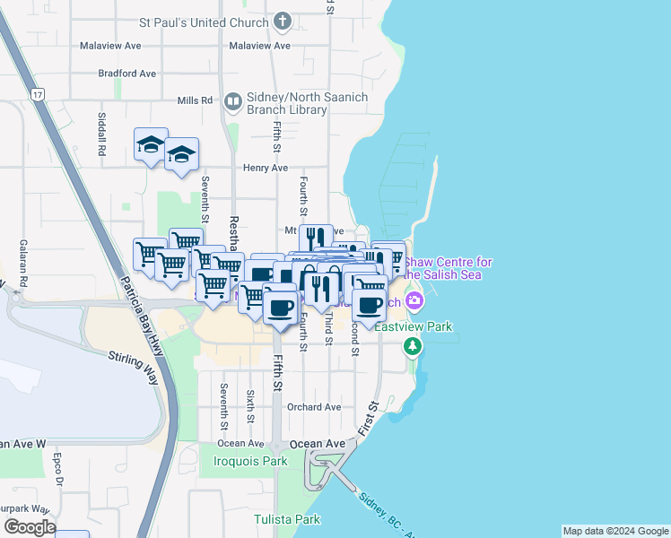 map of restaurants, bars, coffee shops, grocery stores, and more near in Sidney
