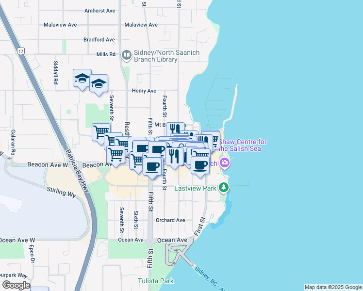 map of restaurants, bars, coffee shops, grocery stores, and more near 9823 Third Street in Sidney