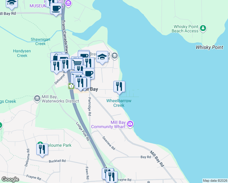 map of restaurants, bars, coffee shops, grocery stores, and more near 744 Handy Road in Mill Bay