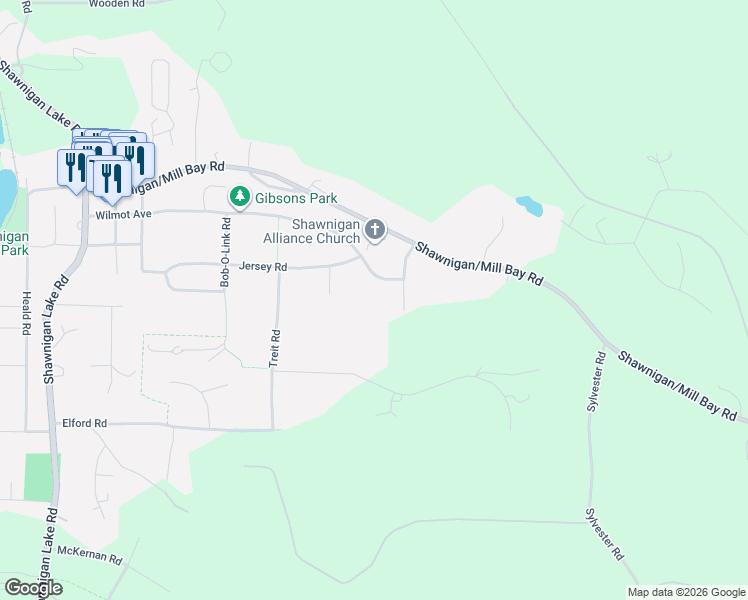 map of restaurants, bars, coffee shops, grocery stores, and more near 1582 Wilmot Avenue in Shawnigan Lake