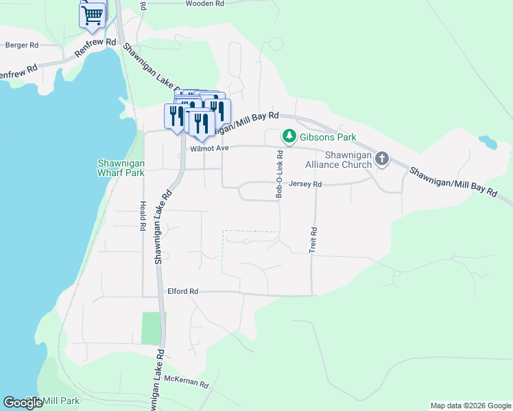 map of restaurants, bars, coffee shops, grocery stores, and more near 1712 Robin Hill Drive in Shawnigan Lake