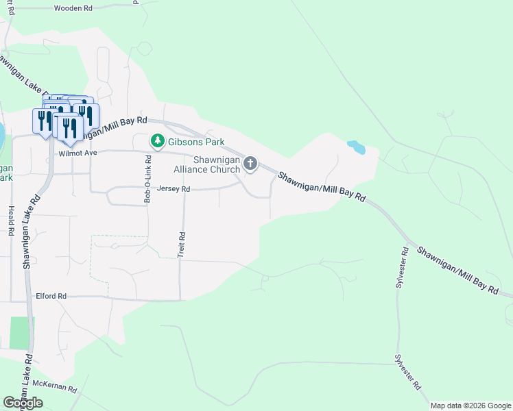 map of restaurants, bars, coffee shops, grocery stores, and more near 1582 Wilmot Avenue in Shawnigan Lake