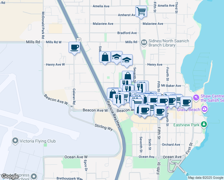 map of restaurants, bars, coffee shops, grocery stores, and more near 2215 James White Boulevard in Sidney