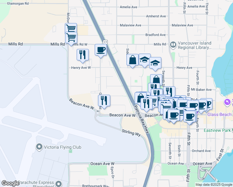 map of restaurants, bars, coffee shops, grocery stores, and more near 2140 Skylark Lane in Sidney