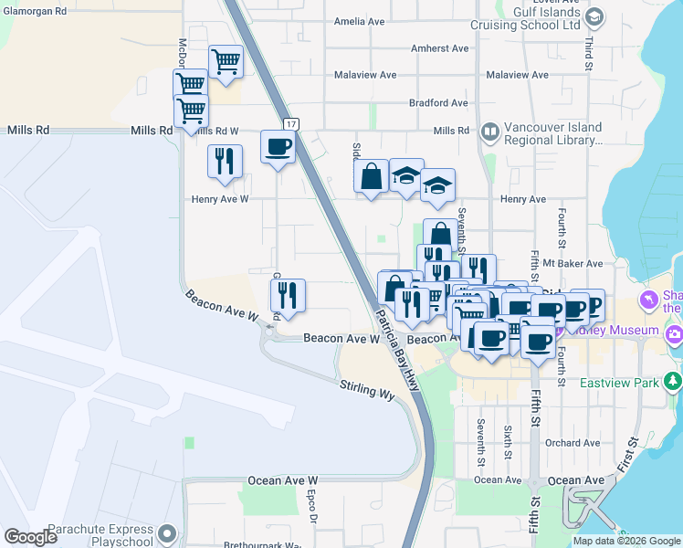 map of restaurants, bars, coffee shops, grocery stores, and more near 2158 Skylark Lane in Sidney