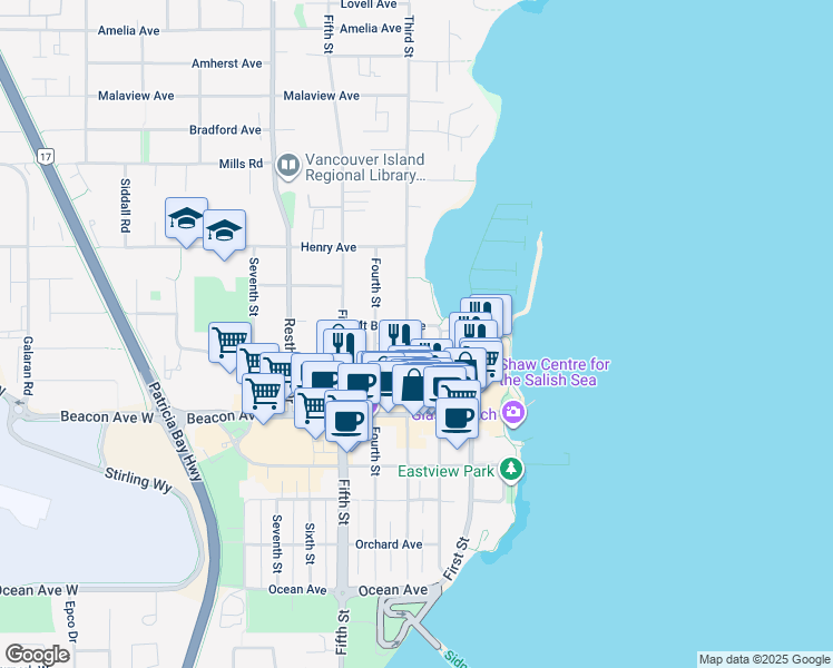 map of restaurants, bars, coffee shops, grocery stores, and more near 2475 Mount Baker Avenue in Sidney
