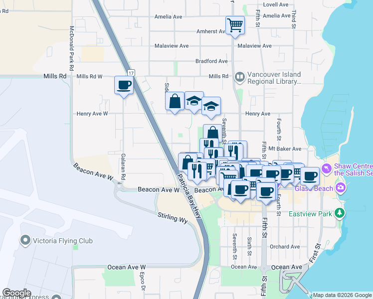 map of restaurants, bars, coffee shops, grocery stores, and more near 2211 James White Boulevard in Sidney