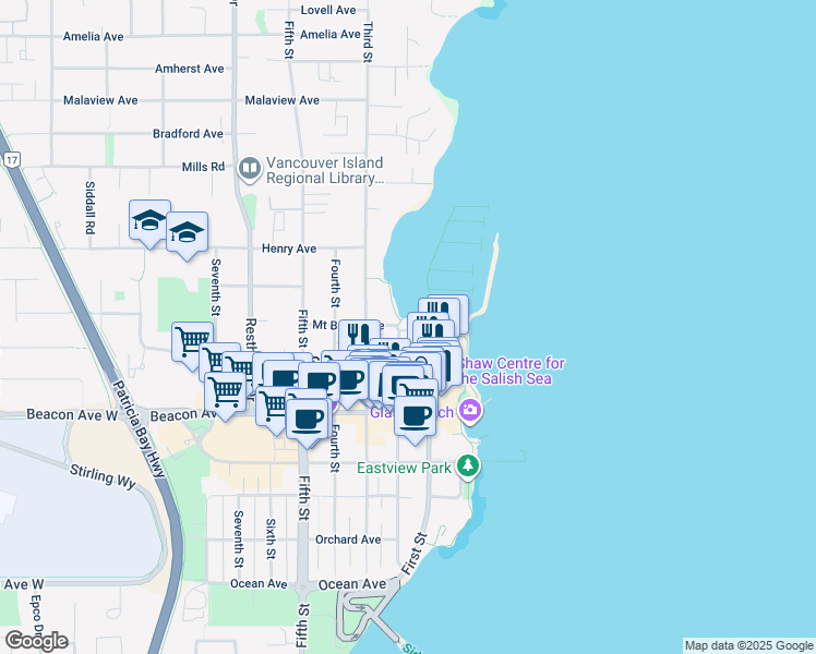 map of restaurants, bars, coffee shops, grocery stores, and more near 9885 Second Street in Sidney