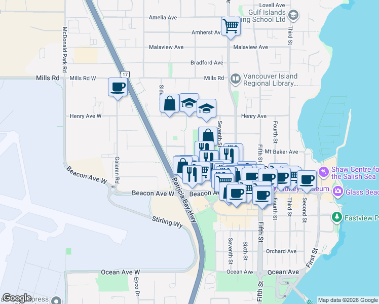 map of restaurants, bars, coffee shops, grocery stores, and more near 2226 James White Boulevard in Sidney
