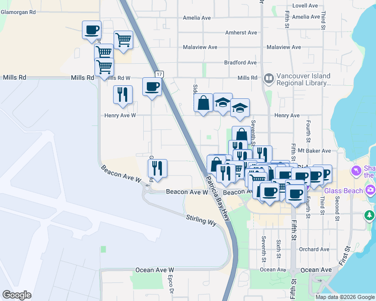 map of restaurants, bars, coffee shops, grocery stores, and more near 2158 Skylark Lane in Sidney