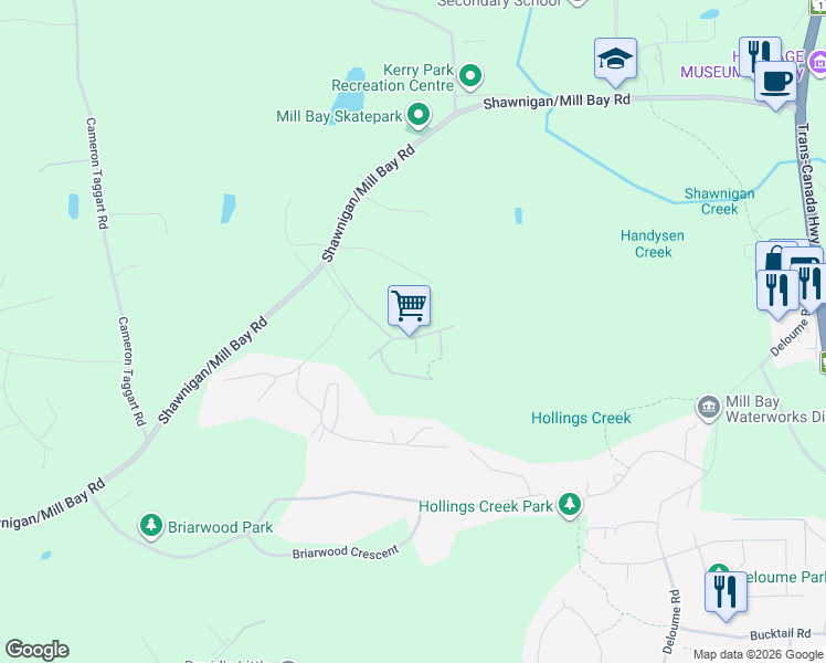 map of restaurants, bars, coffee shops, grocery stores, and more near 1070 Bourban Road in Mill Bay