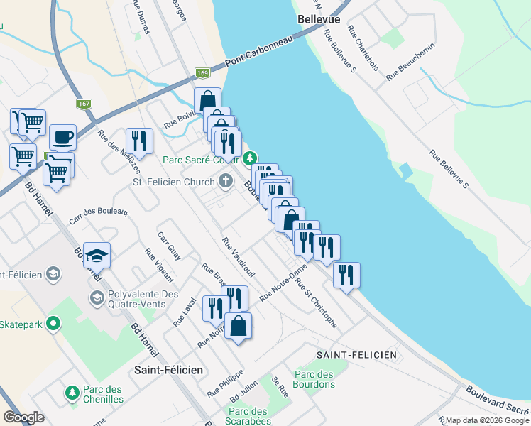 map of restaurants, bars, coffee shops, grocery stores, and more near 1157 Boulevard du Sacré Coeur in Saint-Félicien